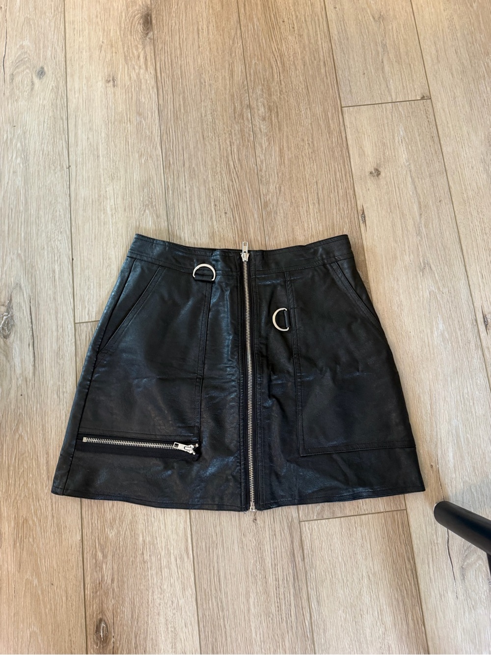 Nasty Gal Black Leather Zip-Front Mini Skirt with Ring Hardware